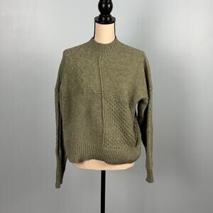 Patchwork Cable Knit Sweater Olive Green Mock Neck Womens M Cozy Fall